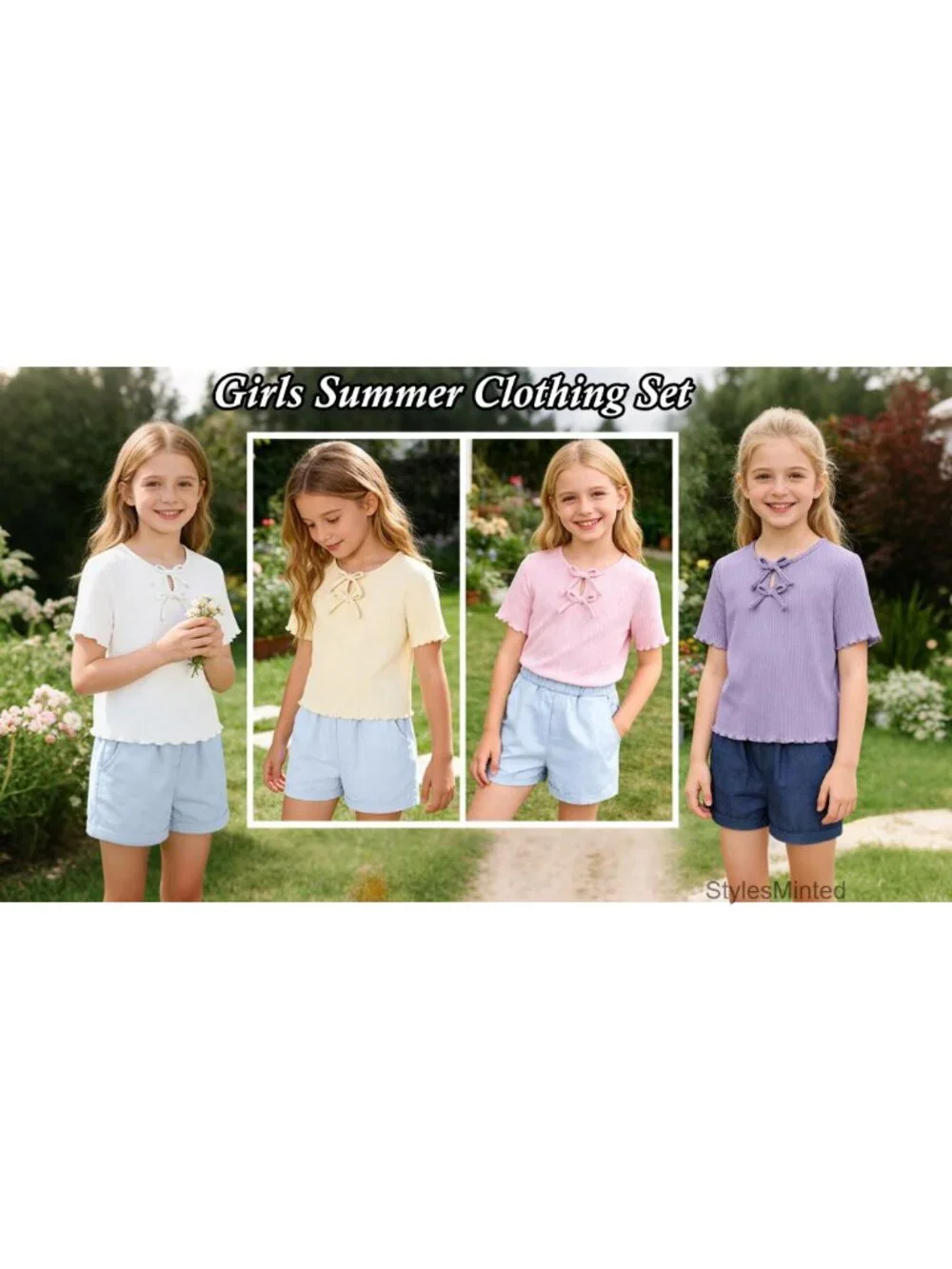 Girls 2-Piece Outfit Ribbed Top Denim Shorts Set Bows Summer